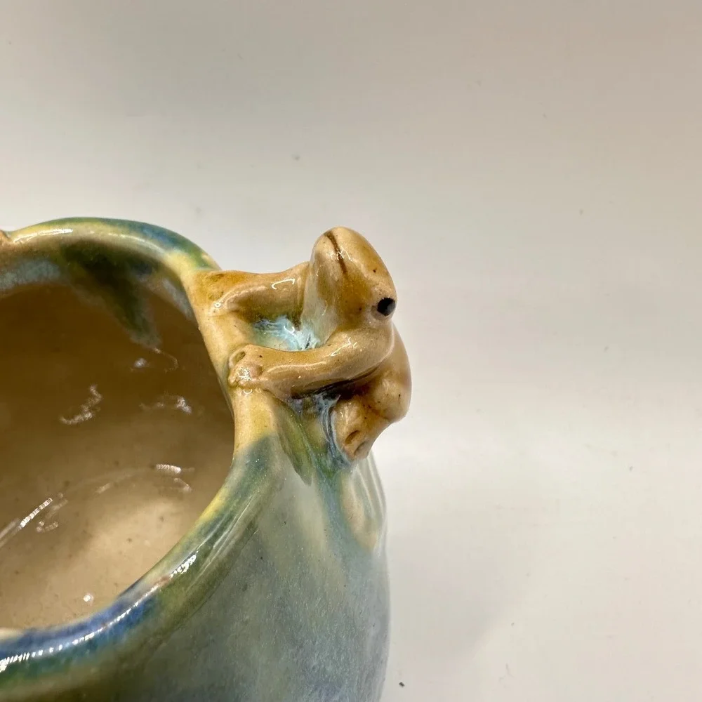 Studio Pottery Frog Vessel Blue Green Drip Glaze Signed Handmade Art Pottery